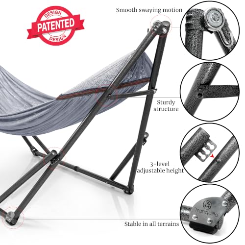 Image of Tranquillo Universal Double Hammock with Stand Included for 2 Persons /Foldable Hammock Stand 600 lbs Capacity Portable Case - Inhouse, Outdoor, Camping, Grey