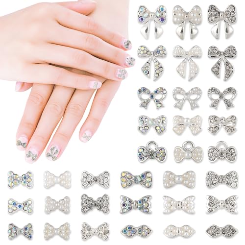 33pcs Bow Charms for Nails Silver Alloy Nail Charms 3D Bowknot Nail Charms Y2K for Acrylic Nails, Bow Rhinestone Nail Art DIY Decorations Inlaid Pearls for Girls Women Gift