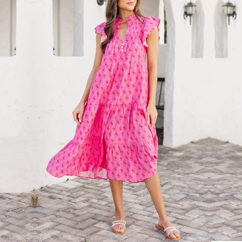 Image of Women Patchwork Dress Y2k Floral Puff Short Sleeve Maxi Dress Summer Boho Smocked Tiered Ruffle Beach Sundress