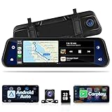 Hikity 9.66 '' Cámara de Coche con Espejo retrovisor, Dashcam con Pantalla táctil con Carplay Android Auto Control de Voz GPS WDR grabación en Bucle Sensor G Monitor de estacionamiento Tarjeta SD 32G