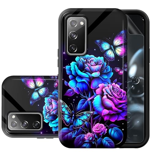 BREIDMKFM for Samsung Galaxy S20 FE Case with Screen Protector,Slim Heavy Duty Rugged Dual Layer Hard PC & Soft TPU Bumper,Scratch Resistant Glossy Cute Patterns Cover,Purple Roses Butterfly