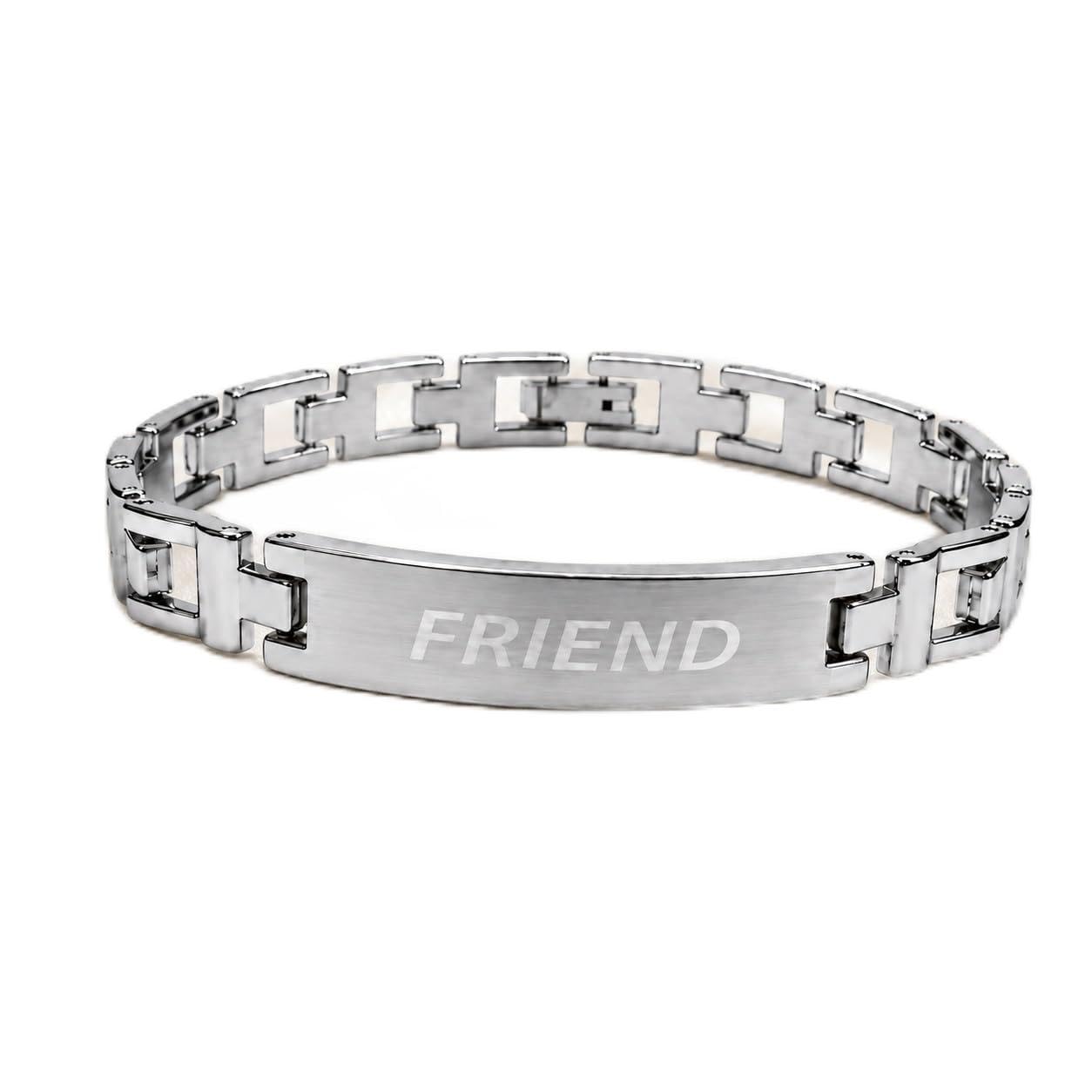 Premium Silver Finish Stainless Steel Friendship Anti-Tarnish Bracelet With Friend ID Engraved Name Plate, Stylish Bracelet For Men & Girl's-image-36