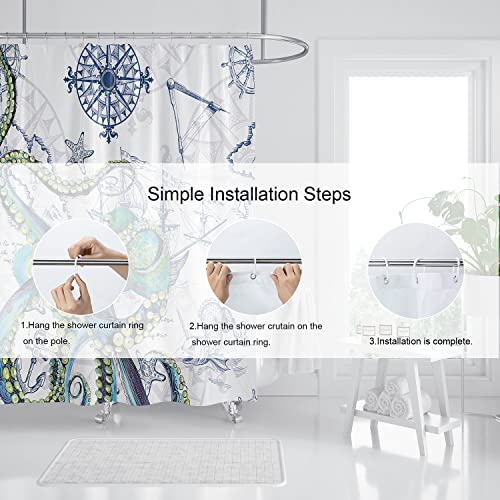 Domoku Octopus Shower Curtain For Bathroom, 3D Ocean Nautical ​Kraken Fabric Shower Curtain Decorative, With 12 Hooks Waterproof Washable 72 X 72 Inches #TOP5