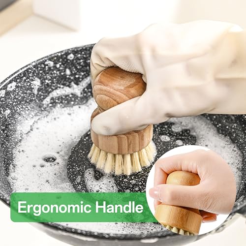 Image of Bamboo Dish Brush Set, Natural Sisal Scrubber for Pots Pans Dishes with Tray, Eco Friendly Kitchen Brush 3 Pack