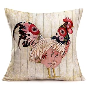 Throw Pillow Case Decorative Farm Vintage Wooden Rooster Floral Cotton Linen Pillow Covers Vintage Animals Art Print Cushion Case Cover Decor Home Sofa Couch 18″x18″ (Vintage Rooster)