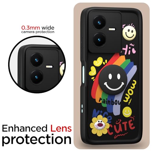 Image of Pikkme Back Cover for Vivo Y22 | Soft Silicone| Cute Rainbow Smile & 3D Cartoon Flower Design | Shockproof Raised Camera Protection Bumper Case (Black)