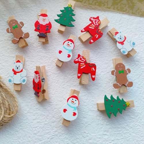 HERZWILD 60 mini clavijas para árbol de Navidad, pinzas para tarjetas de Navidad, soportes de fotos de madera para árbol de Navidad, suministros de manualidades (color)