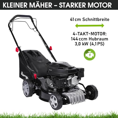 BRAST® Benzin Rasenmäher 3,0kW für Familie | 41cm Schnittbreite | Stahlgehäuse | 40L Fangkorb | 4 Takt OHVMotor | |