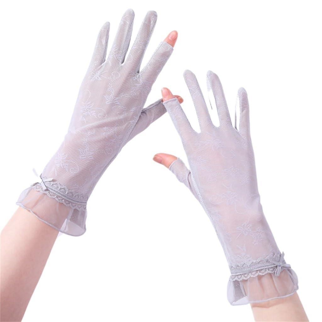 Ice Silk Cool Lace Thin Gloves Women's Driving Riding Elastic Breathable Leak Two Fingers