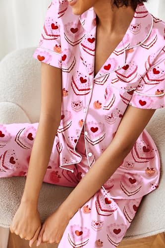 Image of Ekouaer 2 Piece Satin Short Sleeve Pajamas Set Button Down Sleepwear | Soft Pjs Set Classic Loungewear for Wedding, Party, Home, Daily Wear, Date Nights