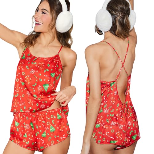 Image of Ekouaer Women's Red Silk Satin Christmas Pajamas Lingerie Set - Silky Sleepwear with Sexy Backless Cami and Shorts for Her