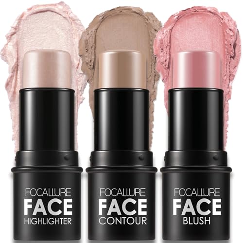 Image of FOCALLURE 3 Pcs Cream Contour Sticks,Shades with Highlighter Bronzer Blush,Non-greasy Long Lasting Face Contouring Pen,Easy to Sculpt the Face and Create a Lightweight Finishing Makeup (For Fair Skin)