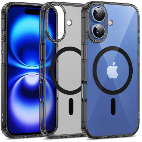 Image of Elzzi Anti Scratch Semi Transparent Cover for iPhone 16 Case, Premium PC + TPU Magnetic Phone Cases Drop Proof,Compatible with Magsafe Slim Anti Yellowing Never Yellowing Shockproof, (Grey)