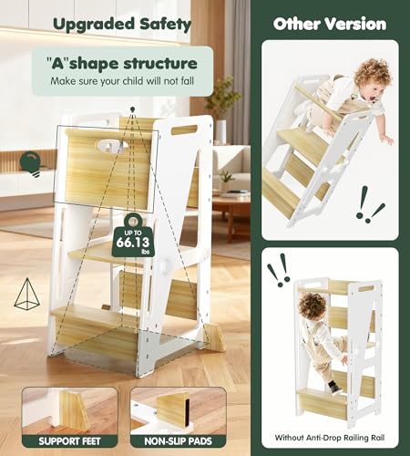 Image of OPAUL Toddler Tower Kitchen Helper Stool - 3 Level Adjustable Height Wooden Learning Step Stool for Kids, Super Sturdy with Non-Skid Feet, Safe Toddler Standing Tower for Counter(Ages 18M-6 Years)
