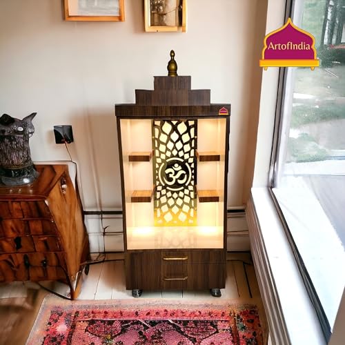 Image of White Wooden Pooja Mandir for Home & Office | Decorative Wooden Temple with Golden Om Jali, Warm LED Light (Brown)
