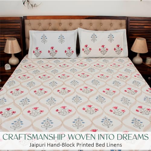 Image of Premium Bedsheet with 2 Pillow Covers I Hand Block I Pure & Soft Percale Cotton I 300 TC I 90x108 inches (King Size Double Bed Bedcover) I Floral Pattern I Pink & Blue
