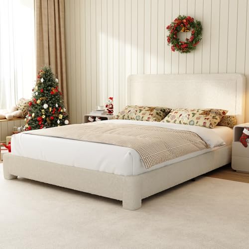 WEUP Queen Size Boucle Bed Frame, Modern Cream Bed Frame with Headboard, Soft Rounded Corners, No Box Spring Required, Adjustable Headboard, Easy Assembly