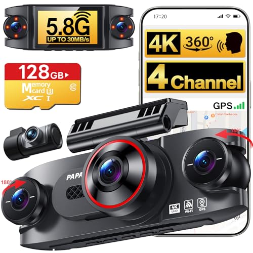 4 Channel 360° Dash Cam Front Rear and Left Right Inside, 4K+3 * 1080P Dash Camera for Cars with Free 128GB SD Card, 5.8GHz WiFi-30MB/s, 24H Parking Mode, G-Sensor, GPS, Night Vision, Voice Control