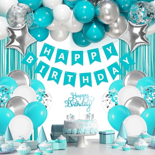 Teal Birthday Decorations for Women with White Silver Teal Balloons Happy Birthday Banner Fringe Curtains for 21st 25th 27th 30th 35th 40th 50th 60th Happy Birthday Decorations