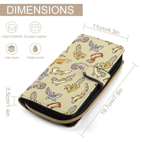 Cartoon Cute Leopard Gecko Pattern Leather Wallets Large Capacity Zipper Pocket Card Holder with ID Window, 19.7x11x3.5cm, style2