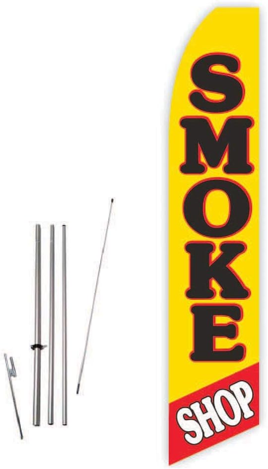 Smoke Shop (Yellow) Super Novo Feather Flag - Complete with 15ft Pole Set and Ground Spike