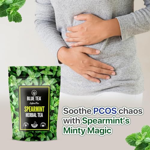 Image of BLUE TEA - Spearmint Herbal Tea - 30 Tea Bags (Pack of 2) - Plant Based | PCOS RELIEF | Supports Digestion | Balances Hormones | Reduces Facial Hair | Herbal Tea - Dried Loose Leaf - Caffeine Free | Zipper Packaging