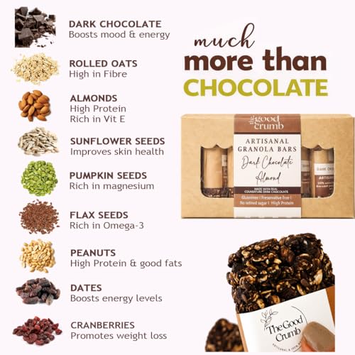 Image of The Good Crumb Dark Chocolate Protein Granola Bars | Box of 6 bars I Made with Real Dark Chocolate, Oats, Almonds, Seeds, Nuts & Cranberries I No Refined Sugar | Gluten-free I Each bar weighs approx 40g I handcrafted in small batches