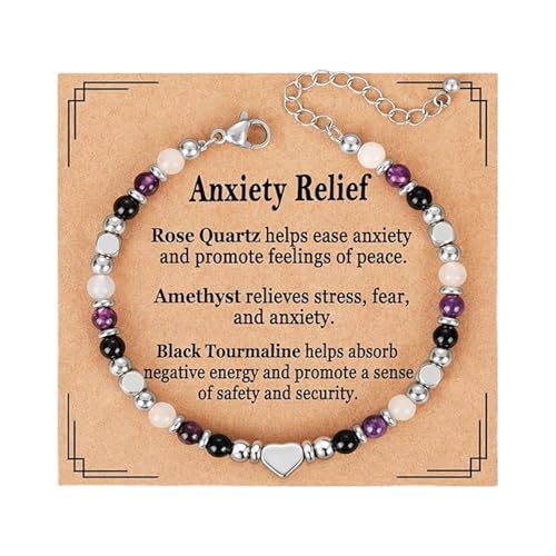 Natural Stone Crystal Healing Bracelet for Women Gemstone Triple Protection Anxiety Relief New Beginnings Empath Adjustable Jewellery Gift for Her Ladies Birthday Friendship (Anxiety Relief)