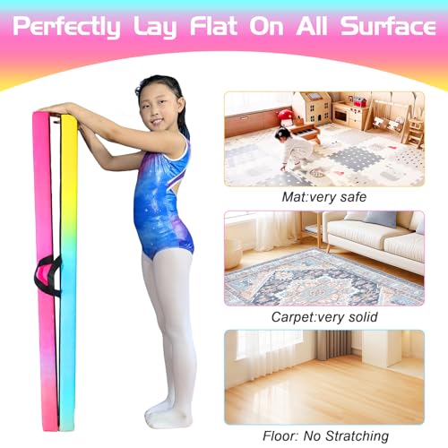 FC FUNCHEER 8FT Folding Balance Beam -Gymnastics Floor Beam -Gymnastics Equipment for Kids,Wood core- Anti-Slip Bottom and Carrying Bag for Home (Suede, Gradient Rainbow)