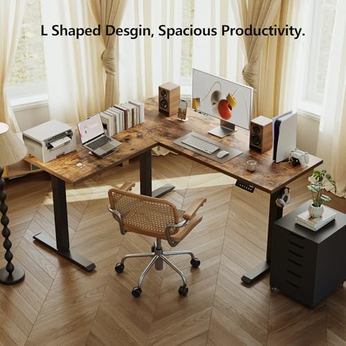 Image of Agilestic 59 Inch L Shaped Standing Desk Adjustable Height, Electric Corner Standing Desk, Sit Stand Computer Table with Splice Board, Rustic Brown