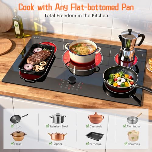 Image of 36 Inch Electric Cooktop(35.43 x 20.47inch), 5 Burner Built-in Electric Stove Top, 9600W 240V Cooktop with Magnetic Knob, Touch Control, 99Min Timer, Safety Lock, BBQ