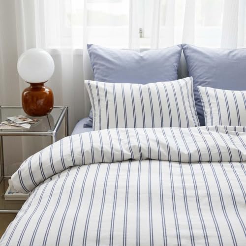 Image of Nayoroom Blue Striped Duvet Cover Queen White Pinstripe Coastal Bedding