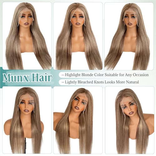 Image of Munx Highlight Brown 13x6 Lace Front Wigs Human Hair for White Women, Balayage Highlighted Lace Frontal Wig Bleached Knots Ash Blonde HD Transparent Wigs Pre Plucked 18 Inch 180% Density Full Ends
