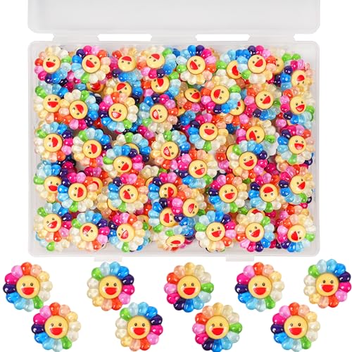 60pcs Slime Charms Cute Resin Charms Sunflower Smiley Face Resin Embellishments Cute Bulk Mixed Scrapbooking Embellishments for DIY Crafts Making Decorations Phone Case Decor