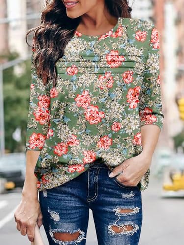 KISSMODA Women's Casual 3/4 Sleeve T-Shirts Round Neck Cute Tunic Tops Basic/Pleated Summer Tops Trendy Spring Blouses