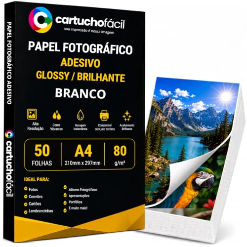 Papel A4 Fotografico 80g Adesivo Glossy 50 Folhas Brilhante Resistente a Agua Secagem Instantanea Cartucho Facil Alta Resolucao para Impressora Jato de Tinta