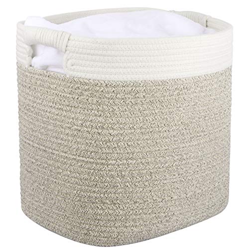 Cesta ropa sucia de algodón, cesta almacenaje de cuerda de algodón con mango, cesta ropa sucia bebe, grande, 40.5 cm(L)x33 cm(W) x 35.5 cm(H), Blanco y marrón claro
