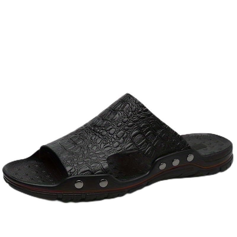 Men's Genuine Leather Slippers - Crocodile Pattern, Non-Slip Soft Sole, Open Toe Beach Sandals for Summer, Summer Sandals | Open Toe Slippers | Textured Leather Strap