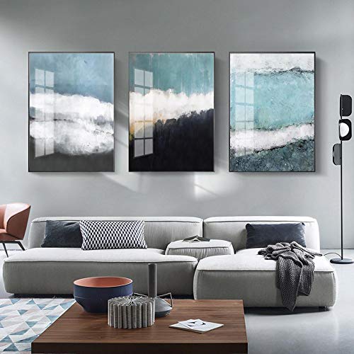 Peinture abstraite bleu et gris pour décoration murale salon scandinave 3 toiles