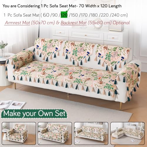 Image of HOKIPO Sofa Cover Mat with Tassel for 1 /2 /3 Seater & L Shape Sofa | DIY Sofa Cover Set | Digital Printed Holland Velvet | 'Whispers of Nature' | 70(W) x 120(L) cm | Beige Woodland Bloom (IN-1119-D4)