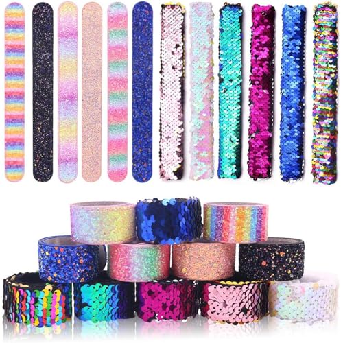 VGOODALL 12 PCS Glitter Slap Bracelet for Kids Sequin Mermaid Bracelet Wristband for Birthday Party Favors Supplies