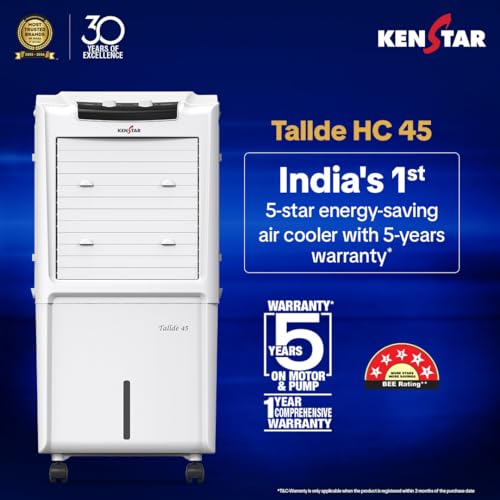 Image of Kenstar TallDe HC 45 Personal Air Cooler 45L Honeycomb Pads High Speed Fan Inverter Compatible 5 Star BEE Rating 5 Year Comprehensive Warranty