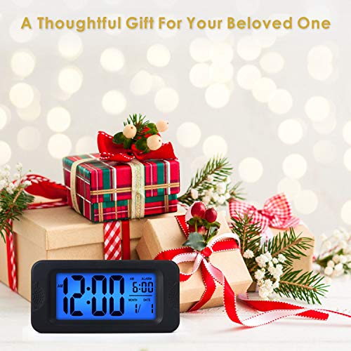 Digital Alarm Clocks - Plumeet Kids Clock Light Up All Night, 4'' LCD Display Showing Time Alarm Date - Bedside Clocks with Snooze for Bedroom Kitchen Office Battery Operated (Black)