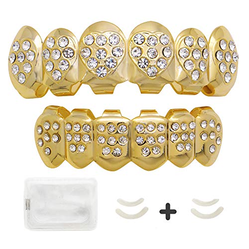 LuReen 14K Gold Heart Diamond Grillz for Men Women Top and Bottom Teeth Grillz +2 Extra Molding Bars