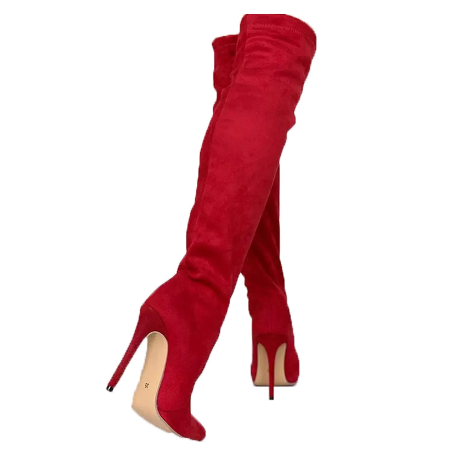 Femmes Stretch Suede Cuissardes Sexy 4.3 Pouces Talon Aiguille sur Les Bottes Au Genou Bout Pointu Élasticité Robe Bottes Longues Chaussures