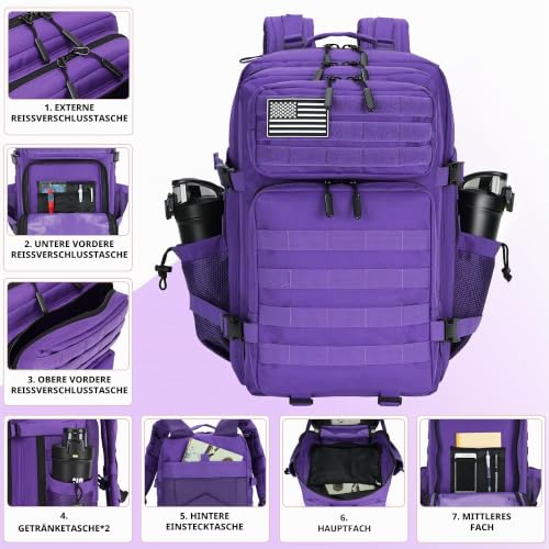 Lovelinks21 Taktischer Assault-Rucksack, 45 l, 3-Tages-Angriffspack mit Molle, wasserdichter Rucksack für taktische Rucksäcke, Violett… – Ansicht 5