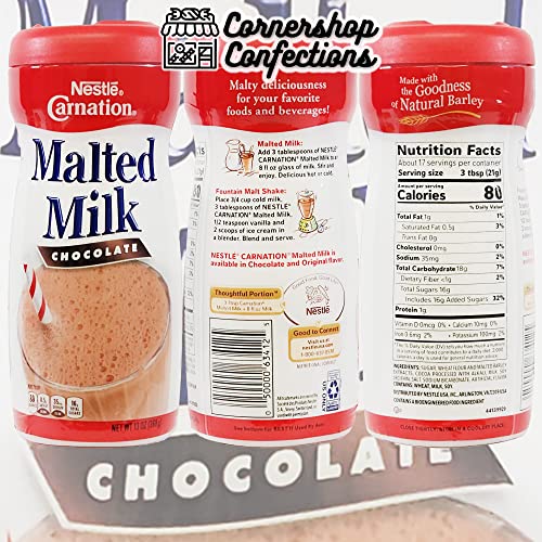 Carnation Malted Milk 4 Canister Variety Pack - 2 Each - Chocolate And Original - 52 Ounces Total - Perfect For Making Chilled Chocolate Milk And Milk Shakes - In Cornershop Confections Protective Box #TOP2