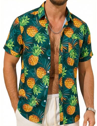 Barry.Wang Mens Hawaiian Shirt Green Tropical Pineapple Wrinkle Free Button Up Aloha Shirt Beach Bash Luau Party Cruise Wear