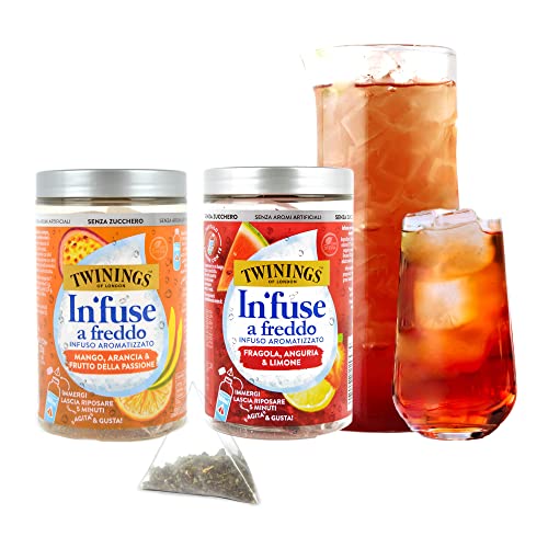 2 tarros de 25 g infusión de té frío de fresa, sandía y limón e infusión de mango, naranja y fruta de la pasión, té frío, 1 filtro en 500 ml de agua