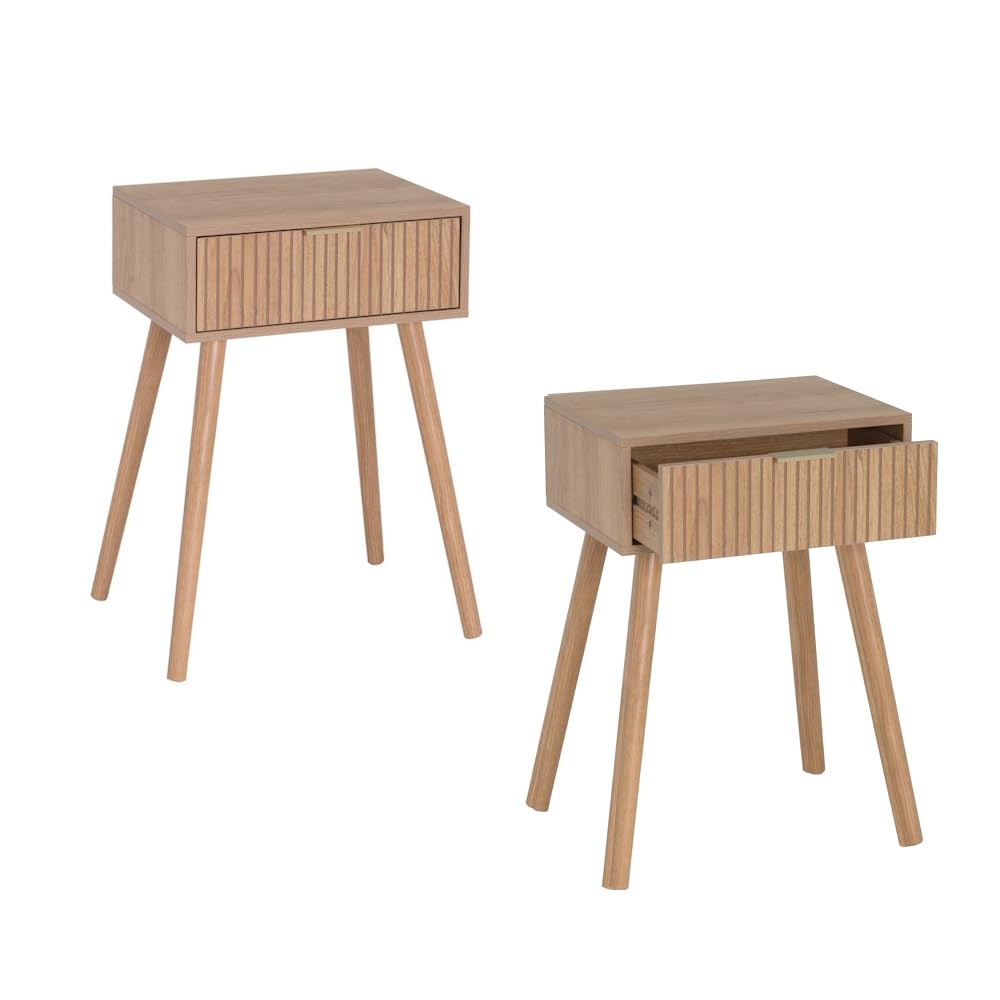 Set de 2 mesitas de noche de 1 cajón laminado color marrón de 45x35x59cm | Mesitas para dormitorio y espacios pequeños . Dos mesillas de noche con patas altas de madera de pino. Soporta 15 kg